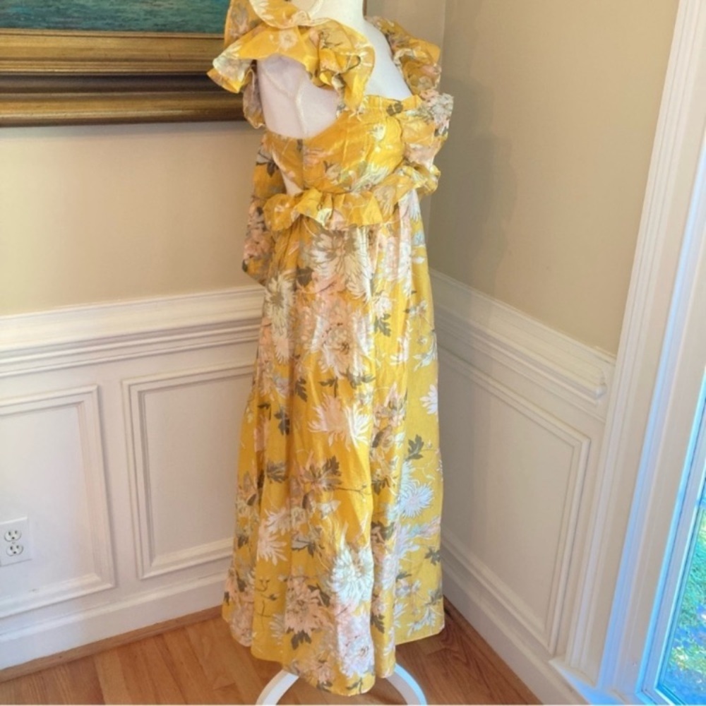 H&M Yellow Floral Ruffle Plunge Open Back Lyocell Midi Dress - Picture 13 of 15